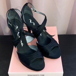 Nina Elegant Black Satin Strappy Heels